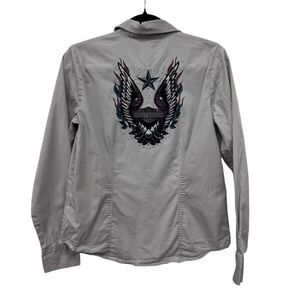Harley-Davidson Shirt Womens Small Gray Long Sleeve Button-Up‎ Embroidered Wings